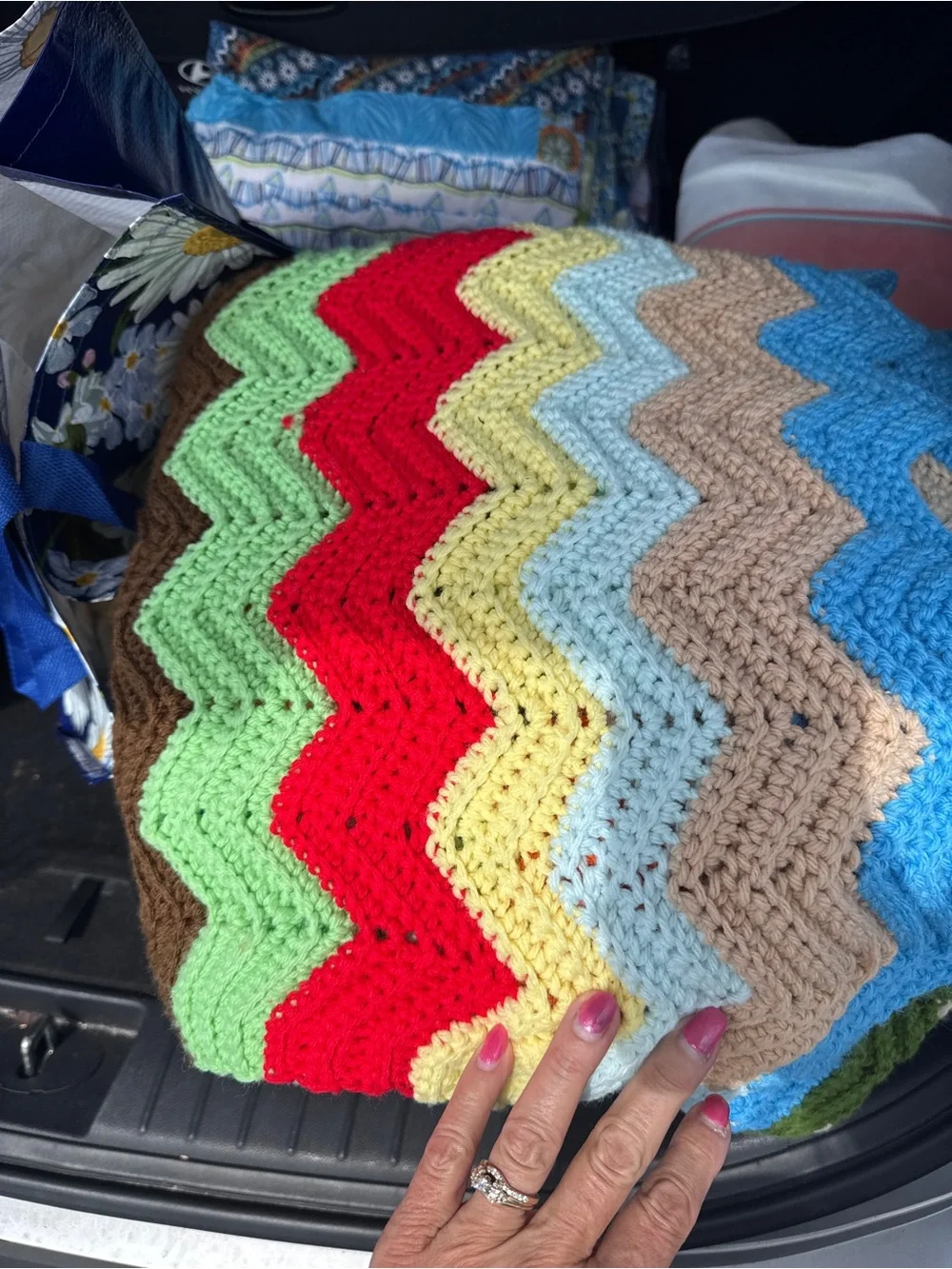 1970’s Vintage Handmade Multicolor Chevron Crochet Throw Blanket